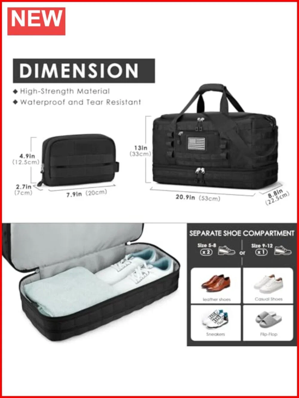 Carry On Duffel Bag with Shoe Compartment and Toiletry Bag
